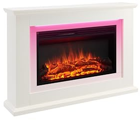 FLAMME 47 Freestanding Electric Fireplace Suite, Evora, White | With 1kW-2kW Fireplace Heater, Dimmable LED Flame Options and Warm White Mood Lighting, Remote Control, Custom Timer