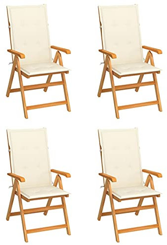Mogou Gartenstühle 4 STK. mit Creme Kissen, Hochlehner, Wetterfest Stuhl, Campingstühle, Lehnstühle, Garden Chair, Massivholz Teak