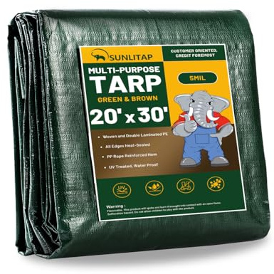 SUNLITAP 20x30Ft Tarp Cover 5 MIL Waterproof Poly Tarps, Light Duty Tarpaulin with Grommets, Reinforced Edges, Rip & Tear Proof, Multipurpose Finished Size Tarp for Cars, Boat, Roof, Camping - Green
