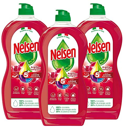 3x Nelsen Argilla e Melograno Detersivo Liquido per Piatti Bicchieri Posate Stoviglie ad Azione Extra Sgrassante Detergente Antiodore Formula a Lunga Durata per Lavaggio a Mano - 3 Flaconi da 900ml
