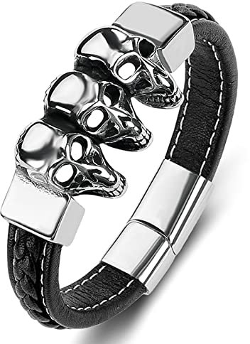 KnSam Geschenke Für Männer - Bettelarmband Herren, PU Leder Herrenarmband Vintage Schädel Lederarmband Herren Punk Titan-Stahl Armschmuck Schwarz mit Magnet Verschluss, Länge 18.5CM