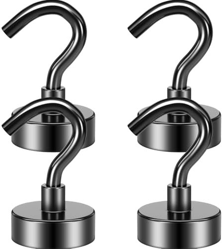 Grtard Magnetic Hooks, 4 Pack 22 lb+ Strong Neodymium, Magnet with Hooks, Black Magnetic Hook for Cruise, Bathroom, Kitchen, Workplace, Office, Garage, BBQ Grill