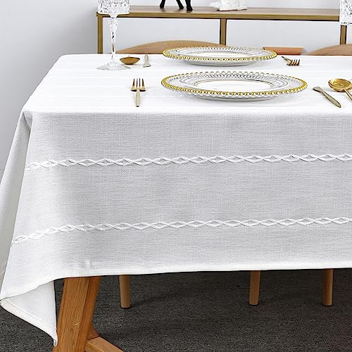 Plenmor Tablecloth for Rectangular Table Natural Table Cloth for Outdoor Cotton Linen Looking Fabric Table Cover for Kitchen Garden (White, 135 x 180 cm)