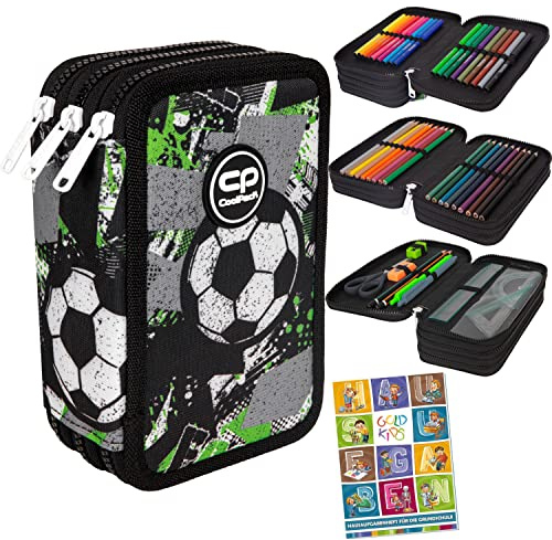 Goldkids Federtasche 3-fache Federmappe Let's Gol Fußball Federmäppchen 46-teilig gefüllte Schüleretui Stifte und Pinsel inkl. Aufgabenheft Federbox Etui Stiftetasche Schlamper-Etui Schul-Etui