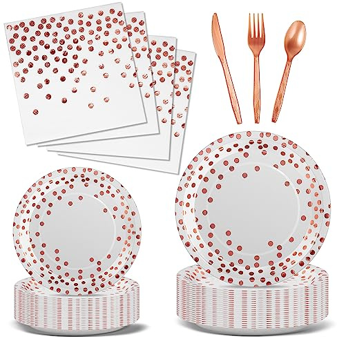 Nkaiso 144 Piezas Oro Rosa Vajilla Fiesta Cumpleaños, Papel Platos Cumpleaños Infantil, Juego de vajilla para Fiestas Platos Servilletas reutilizable Cubiertos -24 Invitado