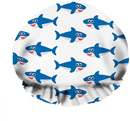 Doppelte wasserdichte Bade-Duschhaube, blau, niedlicher Hai, glückliches Schwimmen, Ozean-Augen-Lächeln, wiederverwendbare modische Duschmütze für Damen, Schönheit, Bad, Haar, Spa, Zuhause, Hotel, Rei