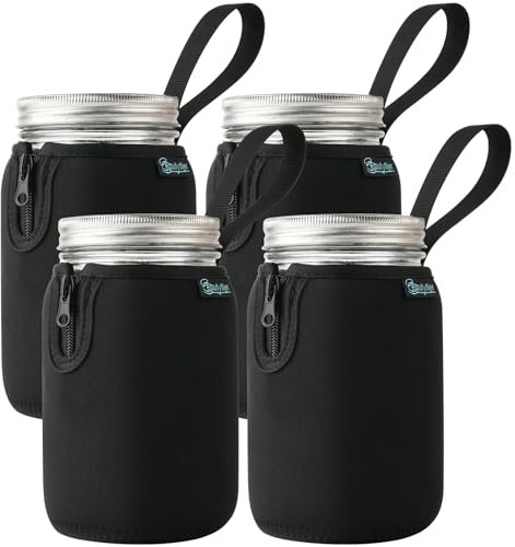 Beautyflier Mason Jars 32oz Wide Mouth Sleeve Regular Mouth Mason Jars Insulators Drinking Glass Coolers Sprouting Jars Blackout Sleeve (Black, 4PCS)