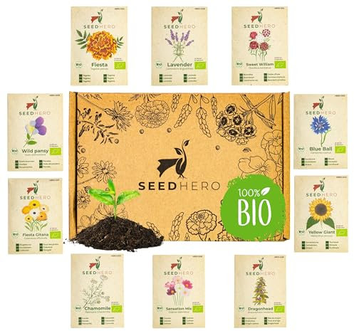 BIO Essbare Blüten Samen Set - 10 Sorten Blumensamen aus biologischem Anbau, samenfestes Saatgut, Essbare Blumen, Set mit Sonnenblume, Kamille, Cosmea, Lavendel und mehr