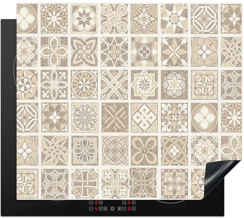 KitchenYeah© Herdabdeckplatte Einteilig Ceranfeld Abdeckplatte für | 60x52 cm - Induktionsschutz Ceranfeldabdeckung Vinyl Herdabdeckplatten Mosaik - Vintage - Beige - Muster - Blumen