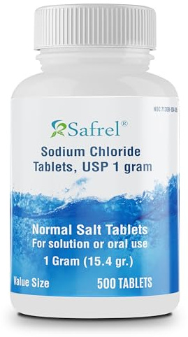 Safrel Sodium Chloride Tablets 1 gm, USP | Normal Salt Tablets | (15.4gr.) | Electrolytes Replenisher Hydration Drink (500 Count (Pack of 1))
