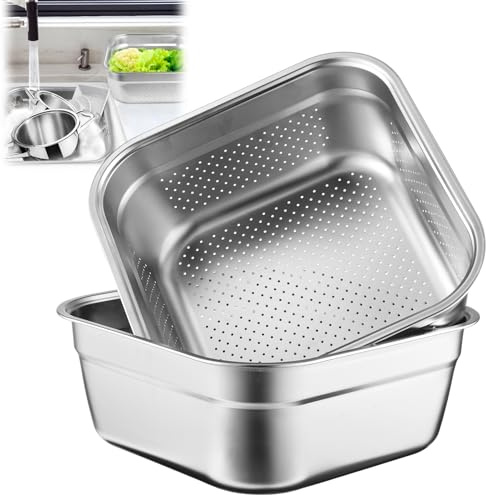 2-in-1-Spülschüssel-Set, Edelstahl-Spülwanne mit Sieb, Obst- und Gemüsespülbecken, Mehrzweck-Schüsselset zum Waschen und Abtropfen von Reis, Nudeln, Lebensmittelsieb, Rührschüssel | 30/32,8/13,2/26,9 cm; rostbeständig; breiter glatter Rand; flacher, stabiler Boden; stapelbar; für Reis, Nudeln, Gemüse, Obst