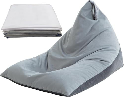 4ft Bean Bag Chair Cover with Bean Bag Inner Liner Cover (No Filler), 400L Extra Large Triangular Removable and Clean Beanbag Chair Cover Ultra Soft Lazy Sofa Premium Velvet Cover (Grey)