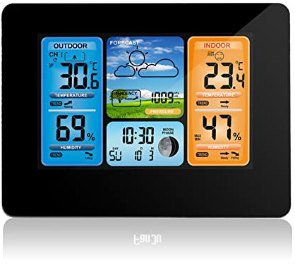 Estación meteorológica con pluviómetro Rf Reloj de clima inalámbrico Reloj de alarma electrónico multifunción, reloj de pronóstico del tiempo en pantalla color Inalámbrico Interior Exterior