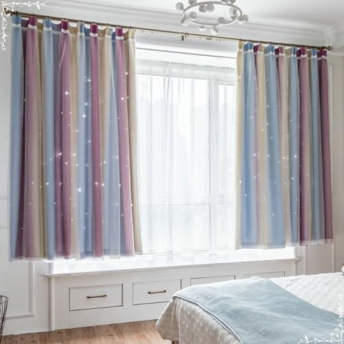 Beydodo Vorhänge Schlafzimmer 2er Set, Gardinen Haken Gelb Lila Blau Lichtdurchlässig mit Sternen Motiv Farbverlauf Doppellagig Romantisch 137x183CM Vorhang Halbtransparent Polyester Kinderzimmer