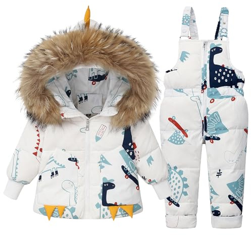 Fewlby Kids Snowsuit 2-Piece Ski Suits Set, Winter Hooded Puffer Down Jacket and Snow Bib Pants, Winter Outfit Set Toddler Cartoon Dinosaur Skisuit, 4-5 Years