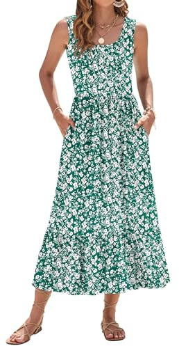 WNEEDU Vestido de Verano para Mujer Vestido Largo sin Mangas con Cintura Imperio Vestidos playeros aireados con Escote en U y Bolsillos para Mujer Flor pequeña Verde M