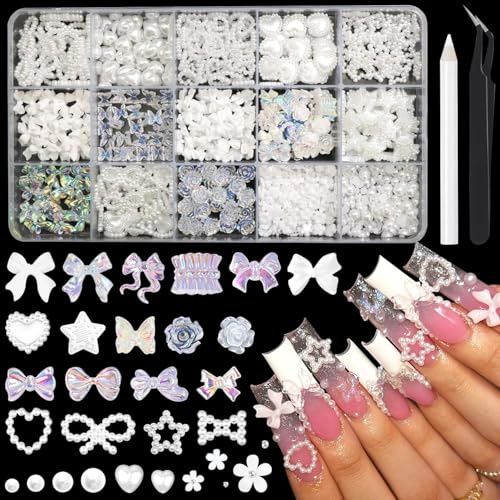 1000Pcs 3D Pearl Nail Charms for Coquette Nails Design Set, ATIMORY White Nail Bows + Aurora Pearl Heart Star Bowknot Nail Jewels + Flower Charms and Flatback Pearl Beads with Tools for Nail Decor