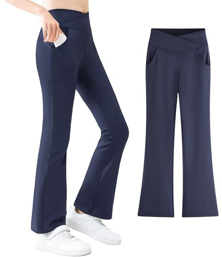 Girls Flare Leggings High Waist Yoga Sports PE Pants with Pockets 5-12Y | Dance School Kids Stretch Casual