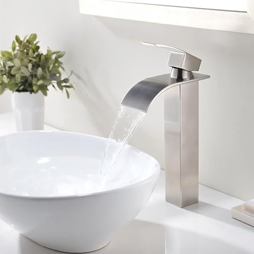 XWIHTR Grifo de baño cascada, grifo de lavabo, grifo de lavabo de un mango; boca caliente y fría, silencioso; grifo de baño de latón de acero inoxidable (cepillado-h)