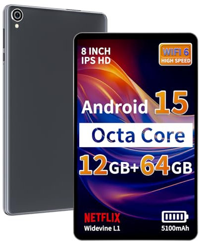 Topsand 2025 Android 15 Tablet 8 inch Tablet, Octa-Core Processor, 12GB RAM 64GB ROM 2TB Expandable, 1280 * 800 IPS HD Screen, WiFi6, BT5.4, Widevine L1, 5MP+8MP Dual Camera Tableta - Grey