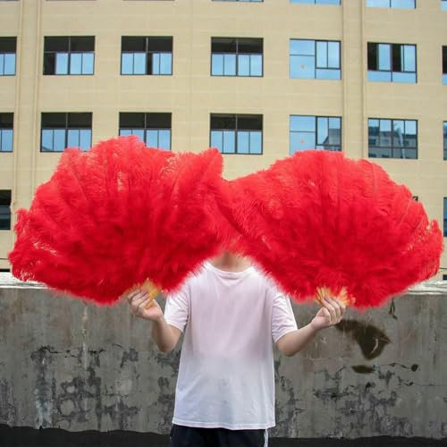 Abanicos de plumas de avestruz grandes naturales, color B, 13 huesos, 90/130 cm, plegables, para carnaval, escenario, decoración, plumas, rojo, 100 cm, 130 cm, 2 unidades