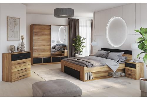 Lomadox Schlafzimmer Komplett-Set mit Schwebetürenschrank, Bett 160x200 cm, 2 Nachttische, Kommode in Eiche mit schwarz, 5-teilig