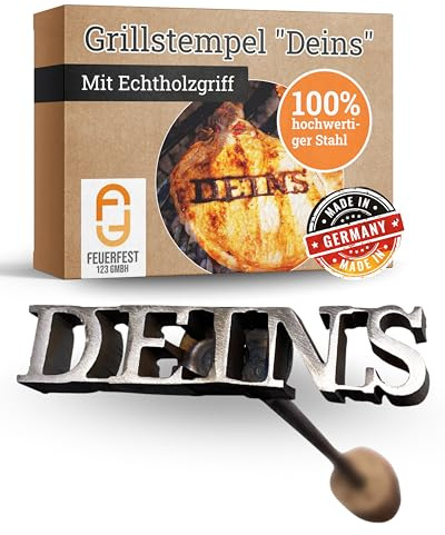 Feuerfest 123 Brennstempel mit Deins-Motiv I 8,2 x 1,8 x 35 cm I Hochwertiger Grill-Stempel aus robustem Stahl I Stilvoller Prägestempel mit Holzgriff I Brandeisen Männer