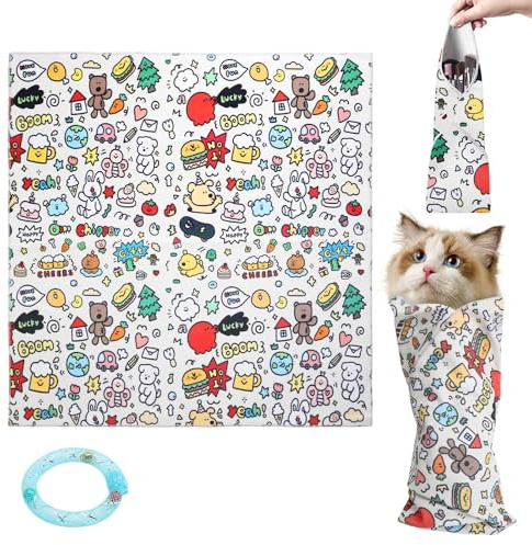 VOSSOT Fascia Contenitiva Gatto Grande 55 x 55 cm con Giocattolo Gatto Donut Blu, Panno per Cura e Toelettatura, Aiuto per Taglio Unghie, Pulizia e Somministrazione Farmaci