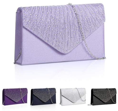 Srvillg Women Clutch Bag, Lilac Satin Evening Clutch Bags, Wedding Shoulder Bags Women's Clutches with Detachable Chain Strap for Bride Prom Party Holiday (Lilac)