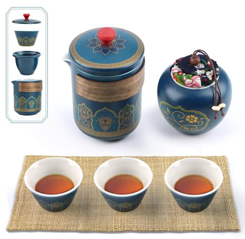 Teeset MIT SICHERER TRAGETASCHE - 5-tlg. Japanisches Porzellan-Set, Ideal für Unterwegs, Büro & Geschenk, All-in-One mit Kanne & Teedose