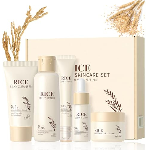 5PCS Rice Skincare Set - Rice Skincare Set for Teenagers Girls - Hydrating & Glowing Korean Skincare Kit with Cleanser, Toner, Eye Cream, Face Serum & Face Cream - Daily Routine for Radiant Skin