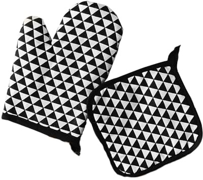 2 Pcs Oven Glove Set, Single Oven Mitt with Pot Holder (Triangular Grid) | Black & White Small Cotton Linen Oven Glove, Heat Resistant Non-Slip, for Kitchen Baking Cooking BBQ, 16x25cm & 17x17cm