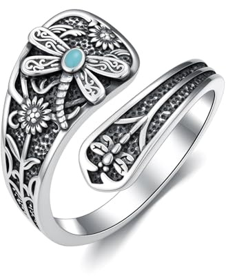 PROESS Spoon Ring 925 Sterling Silver Dragonfly Adjustable Open Ring Dragonfly Jewellry for Women Men