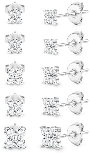 Morfetto 5 Paar Ohrringe Silber 925 Hypoallergene Ohrstecker Set Damen - Kleine 14K Gold Vergoldet Ohrstecker Zirconia Kugel Herz Blumen Perlen Ohrringe Silber 925 Stecker Schmuck Geschenke