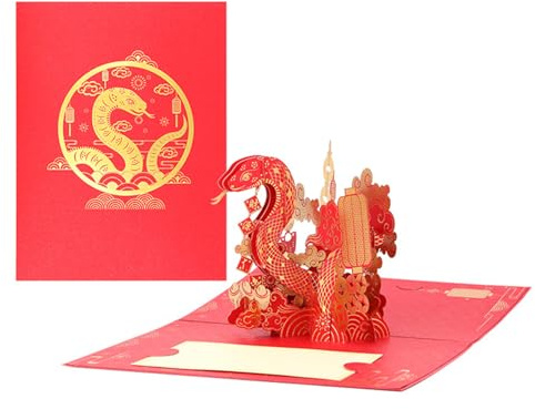 Biglietto di auguri pop-up per Capodanno in lamina d'oro 2025 con serpente con busta regalo fatto a mano per festival di primavera nuove carte cinesi
