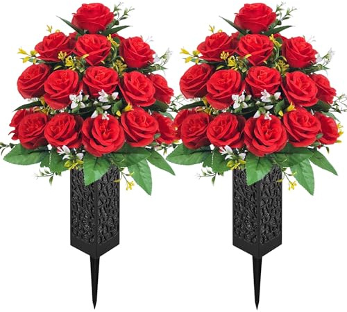 2-Pack Artificial Cemetery Flowers for Grave, 18-Stem Red Rose Bouquets with Spiked Vases, Wind-Secure Non-Bleeding Memorial for Headstones & Gravesites