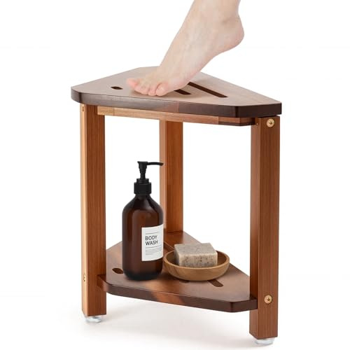 GreenWhim Acacia Wood Corner Shower Stool, Foot Rest 2-Tier Triangle Bath Seat with Non-Slip Feet & Drainage Slots, 34 cm High Small Bathroom Bench Storage Shelf for Inside Small Shower Spaces