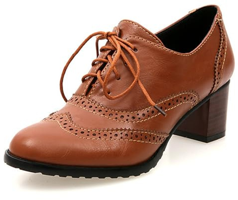 Zapatos Brogue Mujer Tacón Medio Cordones Estilo Retro Cuero Sintético Perforado Tacón de Bloque Grueso Oficina Formal Negocios Smart Casual,Marrón,38 EU