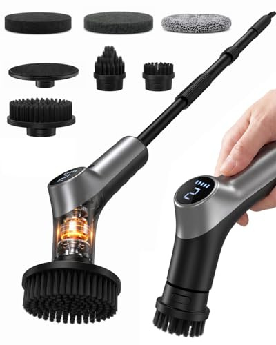 Electric Spin Scrubber for Bathroon,IPX7 Cordless Power Shower Scrubber with 6 Replaceable Brush Heads,120 Mins Runtime Electric bathroom scrubbing brush with Adjustable Handle and Durable Brush Head