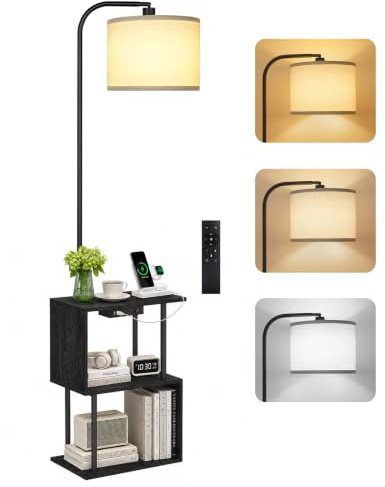 OUTONLIFE Lampada da Terra con Tavolino, Design a S e Porte di Ricarica USB | Dimmerabile con Telecomando, 3 Temperature di Colore, Timer da 1 Ora, USB-A e USB-C