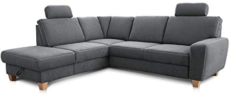 Cavadore Ecksofa Wisconsin mit Vorziehsitz / Eckcouch mit Federkern / Inkl. 2 Kopfstützen + Bettkasten / Landhausstil / Holzfüße in Buche / Mikrofaser / Größe: 248 x 88 x 218 cm (BxHxT) / Farbe: Grau
