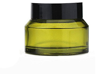 4Pcs 50ml/1.67oz Olive Green Refillable Glass Cosmetic Jars Pot Bottles Case Empty Makeup Face Cream Lip Balm Storage Container with Black Lid and Liners