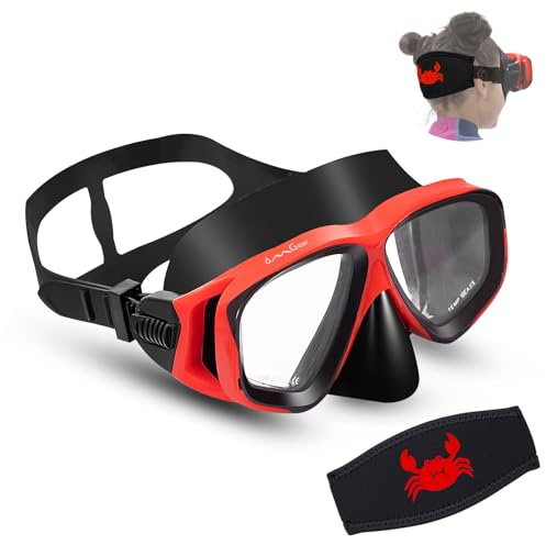 OMGear Goggles Kids Swimming Silicone Swim Mask Snorkeling Gear for Kids Tempered Glass Snorkel Goggles with Nose Cover Scuba Diving Goggles with Cute Neoprene Mask Strap Cover (Red)
