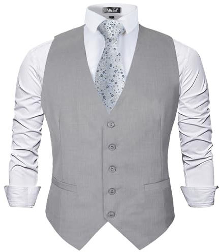 Alizeal Chaleco de traje de negocios de color sólido clásico para hombre Chaleco de esmoquin de ajuste regular, Gris claro-S