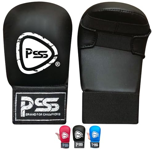 PSS Guantes de karate para niños, para boxeo, artes marciales, jab, entrenamiento, sparring, almohadillas para dedos abiertos, estilo palma sin pulgar, color negro, azul y rojo, 1018 (1018 negro, M)