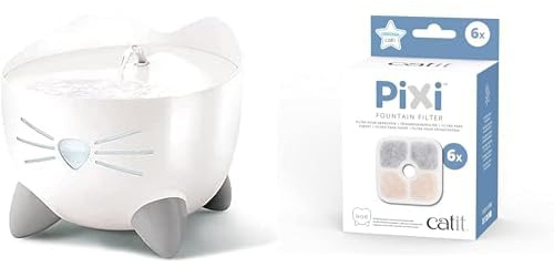 Catit Pixi Trinkbrunnen für Katzen, 2,5L, weiß, 1 Stück (1er Pack) & 43722 Pixi Ersatzfilter, Trinkbrunnenfilter für die Catit Pixi Trinbrunnen, 6er Pack, Weiß