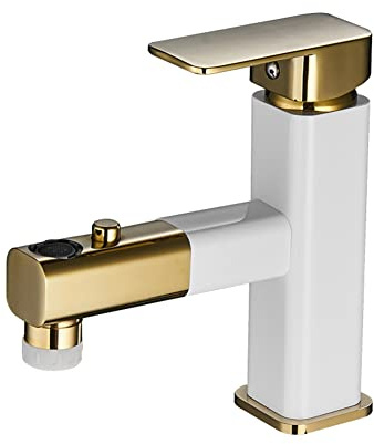 Rubinetto Bagno Lavabo Monocomando Miscelatore Lavabo Bagno Con Doccetta Estraibile E 3 Modalità Stile Moderno Ottone Rubinetto Bagno, Acqua Calda E Fredda Disponibile, Bianca