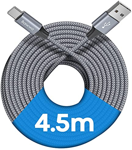 Baiwwa USB C Kabel 4.5M, Extra Lang Ladekabel USB A auf USB C Schnellladekabel für PS5, Samsung Galaxy S24 S23 S20 S10 S21 S22 Plus, A54 A14 A34 A52, und Mehr -Grau