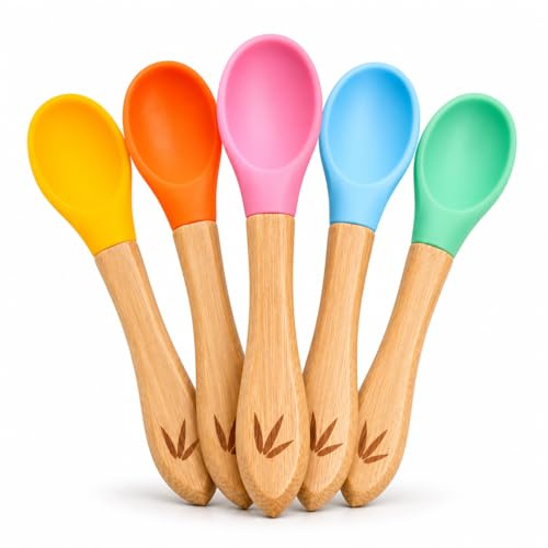 bambuskind Kinderlöffel im 5er Pack I Kinderbesteck mit Bambusgriff ohne schädliche Kunststoffe I Löffel mit Flexibel abnehmbarer Löffelspitze