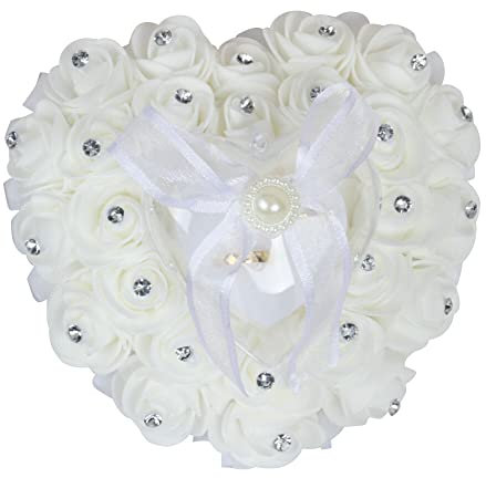 BYNYXI Ringkissen Hochzeit, Schaumstoff Rose Ring Box Herzform Blume Ringträger Herzform Ringbox Schmuckschatulle mit eleganten Satin Diamanten Perle Heirat Paar Ring Halter für Eheringe Ringe
